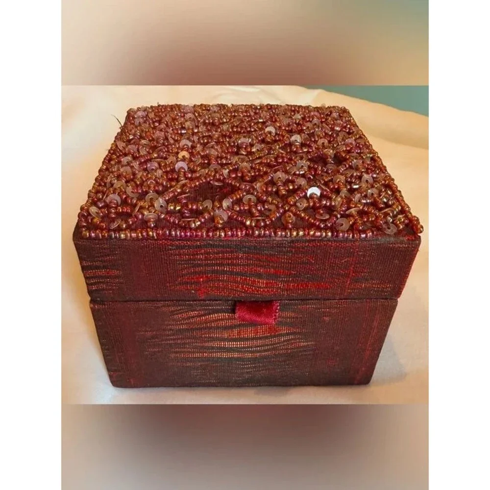 Vintage Red Beaded Wooden Jewelry Box Trinket Keepsake Box Mirror Boho Decor